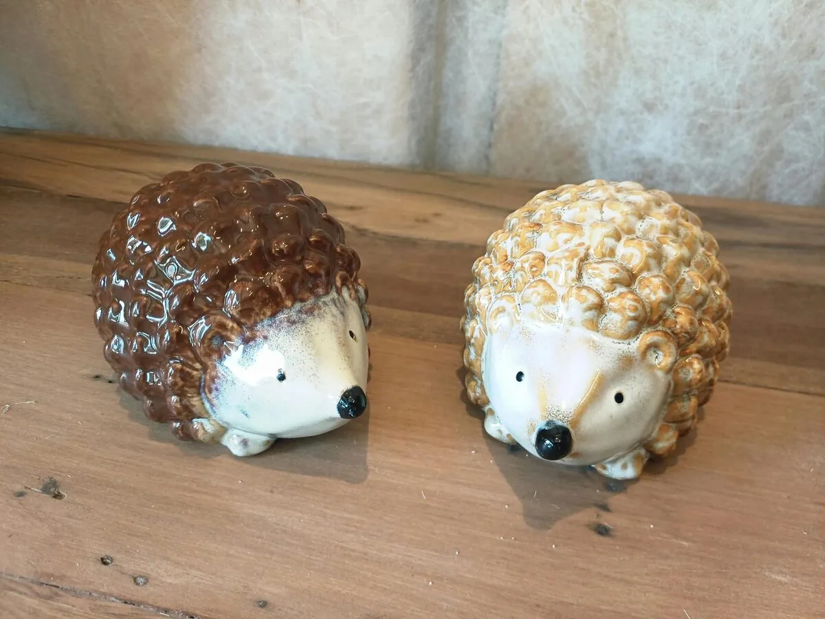 Deux hérissons en céramique sur une table en bois