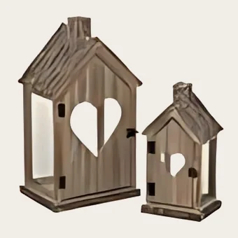 Lanternes maison à cœur en sapin, lot de 2